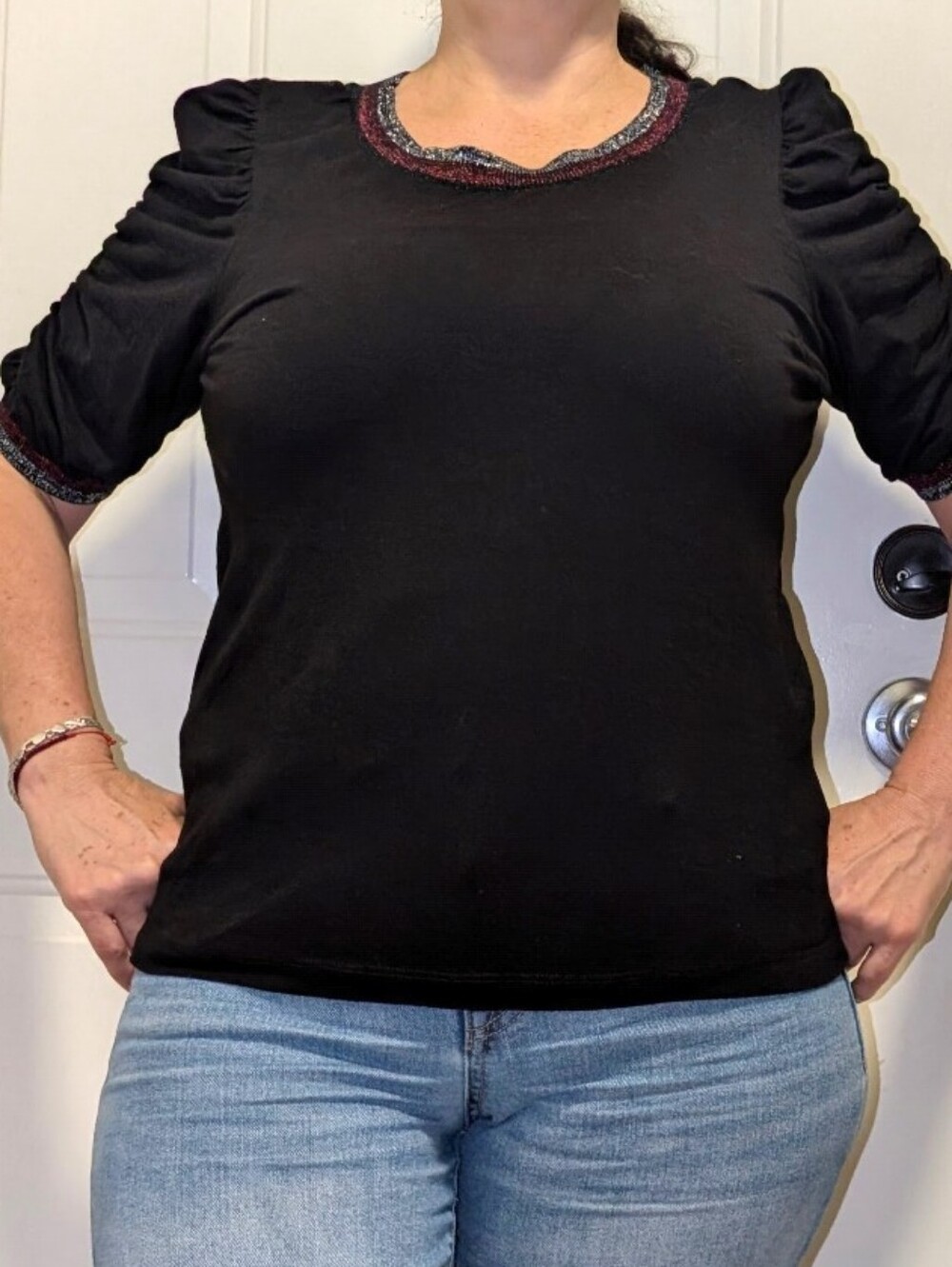 Black Puff-Sleeve Crewneck Top with Contrasting Trim